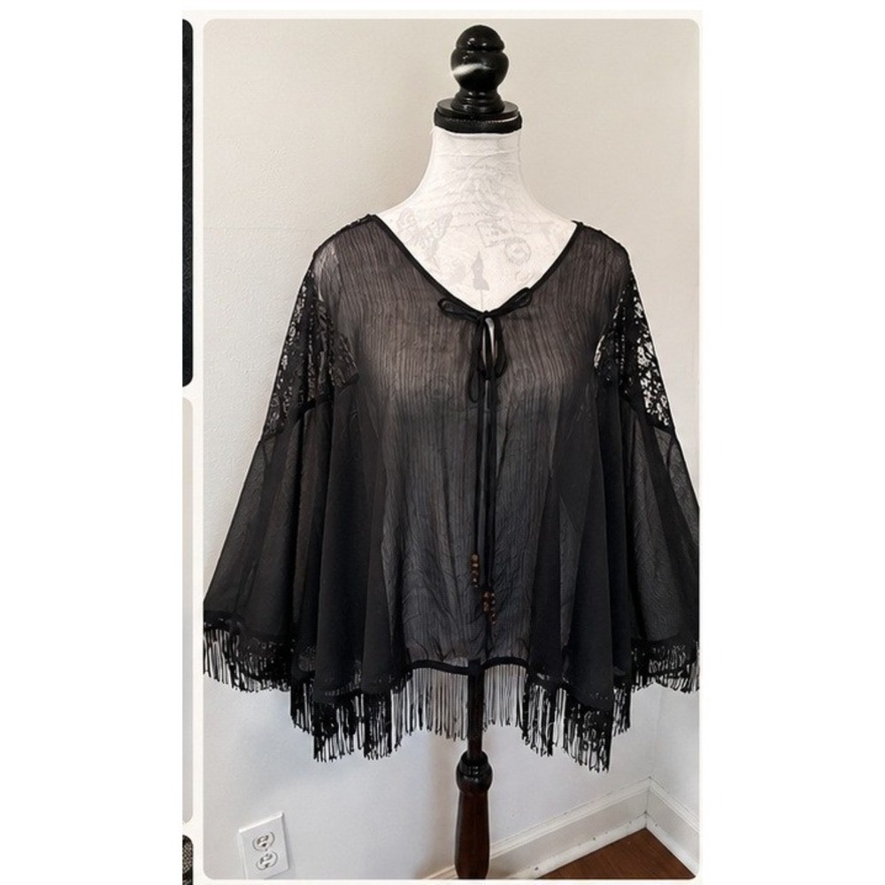 Ultra Pink Poncho Top Women 1X Boho Whimsigoth Lace Fringe Sheer Black Tie Front